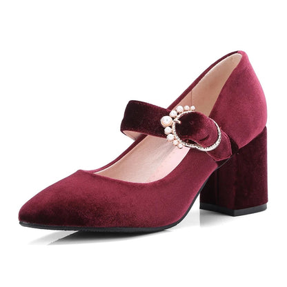 Velvet Mary Jane Shoes Pearls Buckle Highheeled Velour Green Burgundy Pumps Office Banquet Party Dress Shoes 3343