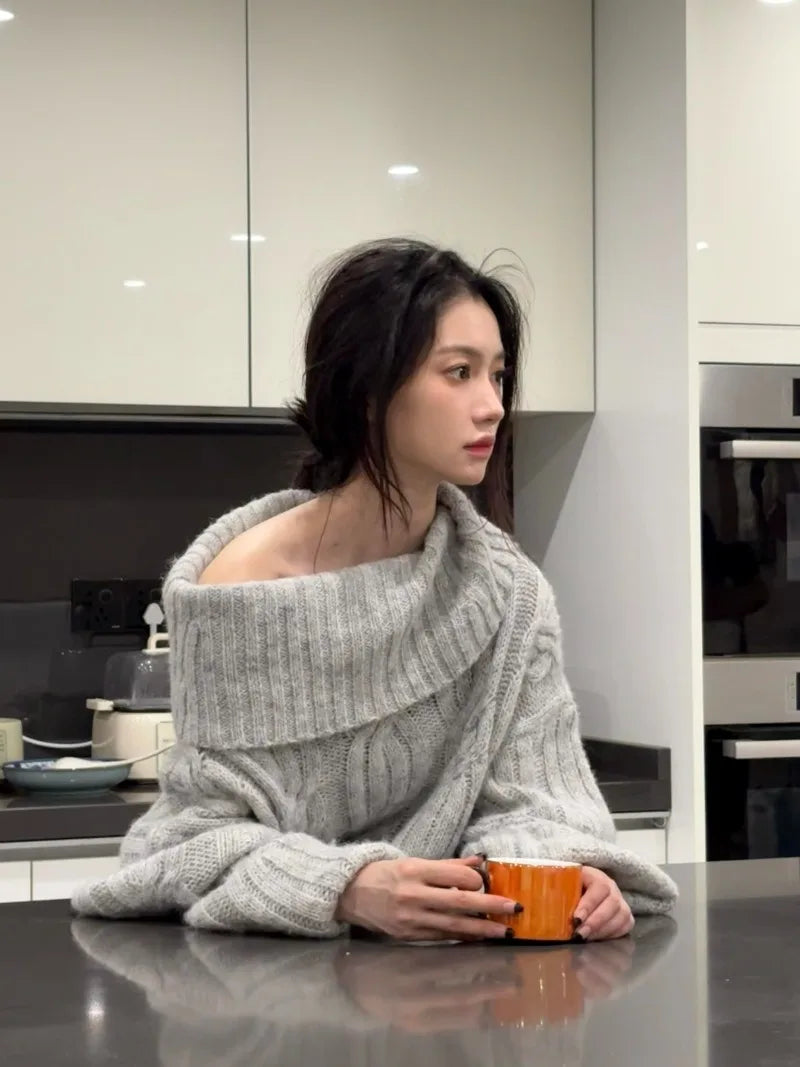 Sweet Hot Girl Loose Slash Neck Twist Sweater Retro Longsleeved Knitted Pullover Female Clothes
