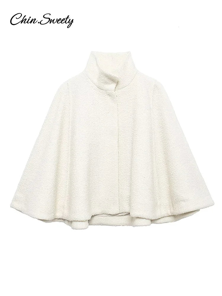 White Loose Short Cape Coat Autumn Winter Thick Single Buckle Batwing Sleeve Cloaks Jacket Lady Warm Outwear New