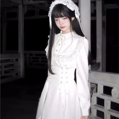 Japanese Style Kawaii Lace-up Midi Dresses Princess Party Dress Long Sleeve O-neck High Waist Y2k Gothic Vestidos Mujer