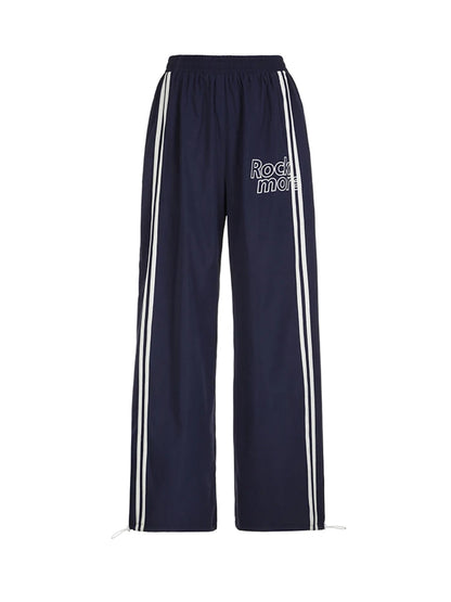 Side Stripe Elastic High Waist Loose Straight Leg Pants Letter Print Street Style Hippie Baggy Trousers Preppy