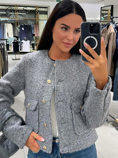 Woolen Blends Coat for O-neck Metal Button Gray Long Sleeve Pockets Jackets Autumn Lady High Street Outwear