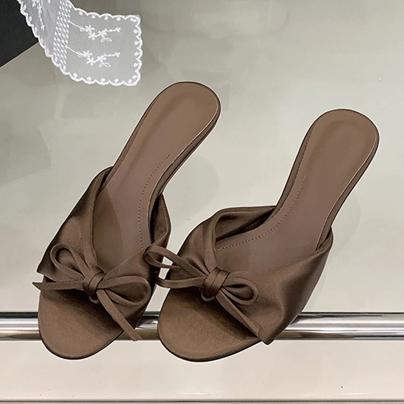 Summer Silk Butterfly Knot Slippers Sandals Shallow Open Toe Thin Low Heels Mules Slides Shoes Zapatos Mujer