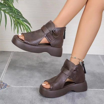 New Hollow Breathable Hole Shoes Thick Sole Leather Fish Mouth Hook Loop Retro Comfortable Wedge Sandal 43