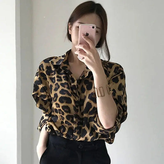 New Office Lady Shirts Leopard Shirts Allmatch Long Sleeve Blouses Turndown Clothing