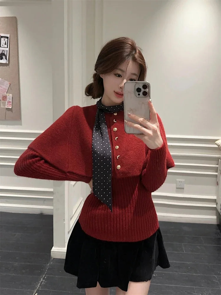 Red Poncho Sweater Ribbed Knitwear Twopiece Set Pullover Korean Cutecore Long Sleeve Christmas Clothes