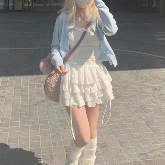 Kawaii Patchwork Lace Up Japanese Cutecore Mini Skirt Summer Lolita Skirt Harajuku White High Waist Aline Lace Skirt