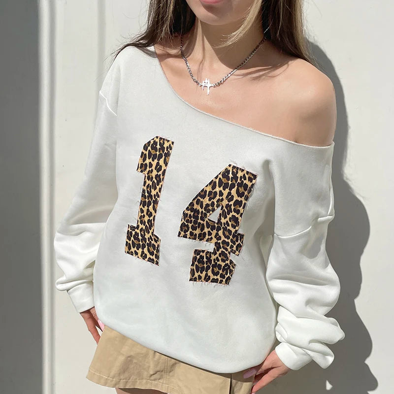 Leopard Digital Patched Fleece Pullovers Fall Winter Plush Thick Sweatshirts Loose Long Sleeve Tops