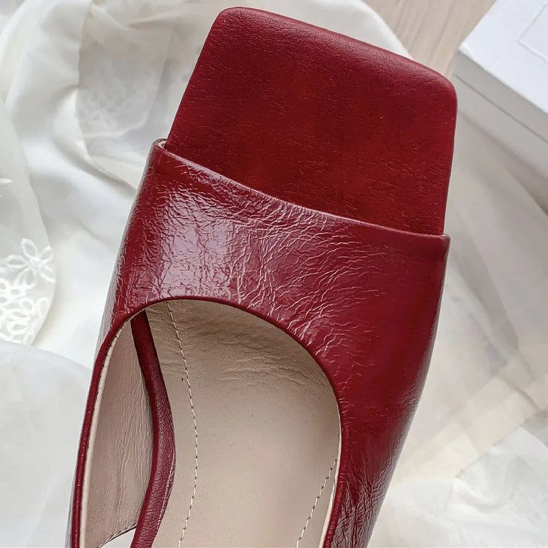Genuine Leather Thin High Heel Square Toe Slipon Sandals Evening Dress Pumps Heels Daily Shoes for