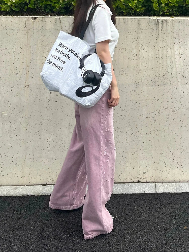 Woman Jeans Denim Pants French Elegance Baddie Gyaru High Street Ins Sweet Korean New Design Ripped Hole Color Loose