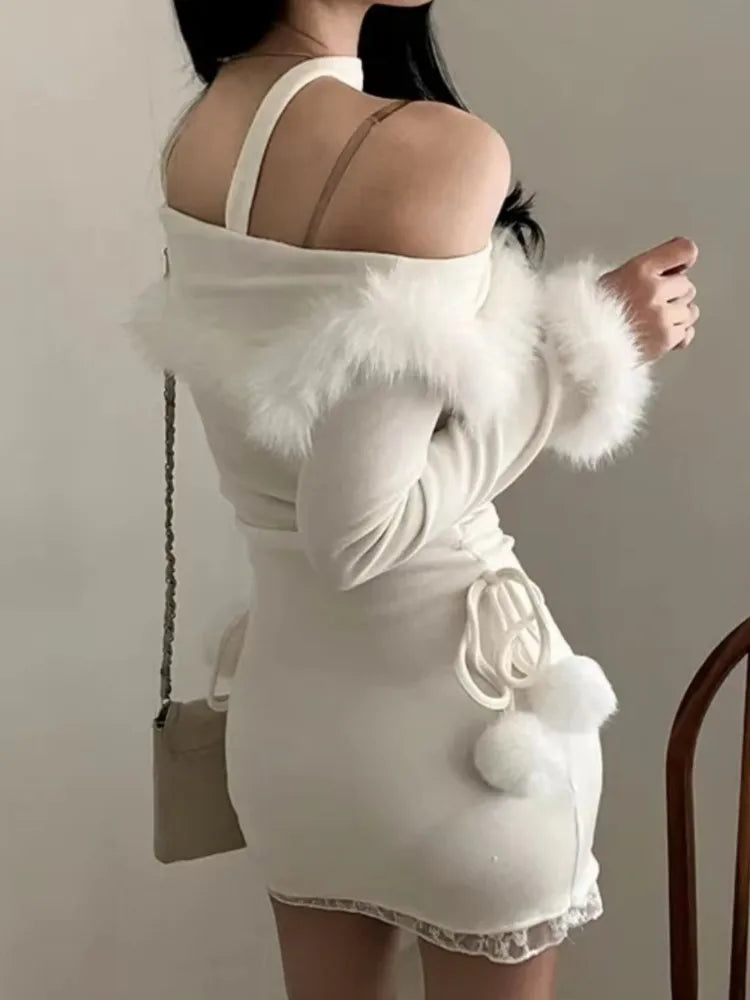 Kawaii Halter Mini Dress Sweet Bodycon Princess Christmas Birthday Party Dresses Autumn Female Slim Fit Short Vestidos Mujer New