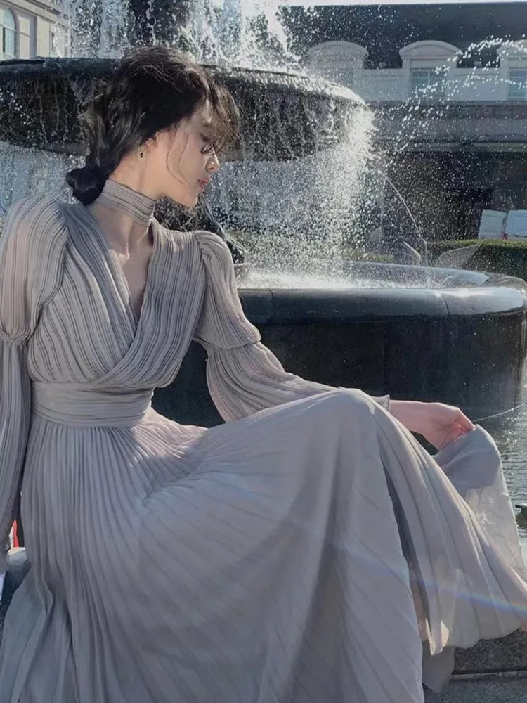 French Ruffle Irregular Long Dresses Fairy Pleated Party Evening One Piece Dress Korean Female Clothings