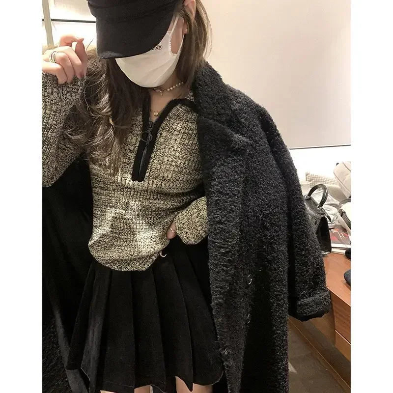 Zipper Slim Knit Longsleeved Sweater Autumn New Turn Down Collar Contrast Color Patchwork Tops