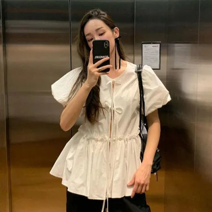 Allmatch Oneck Lace Up Blusas Mujer Summer New Ruched Shirts Y2k Puff Sleeve White Loose Blouses