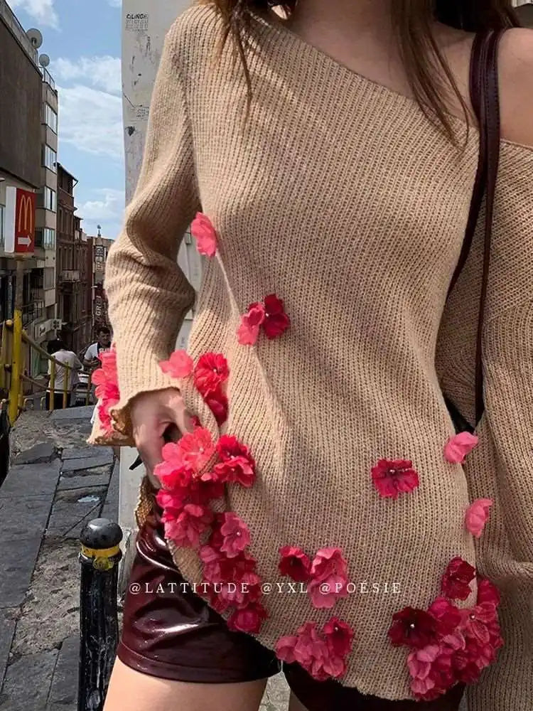 Autumn Winter New Temperament Celebrity Handmade Bead Flower Horn Sleeve Flowers Pastoral One Neck Knitted Sweater