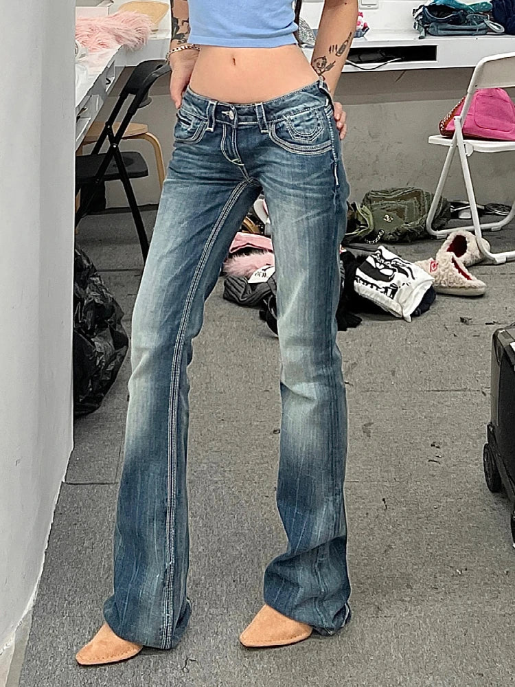 Woman Korean Jeans Denim Pants Allmatch Hot Y2k Office Lady Ins Wash Tiedyed Low Waist Tight Bodycon