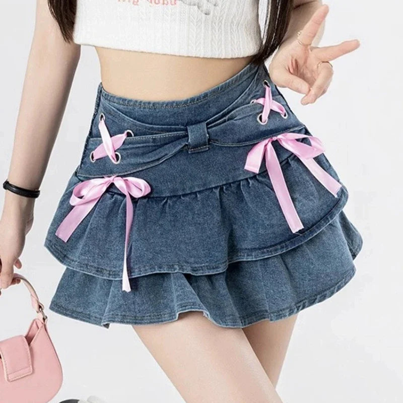 Kawaii Denim Mini Skirt Bow Ruffle Sweet Coquette Skirt Summer Cutecore Blue Aline Retro Short Skirts