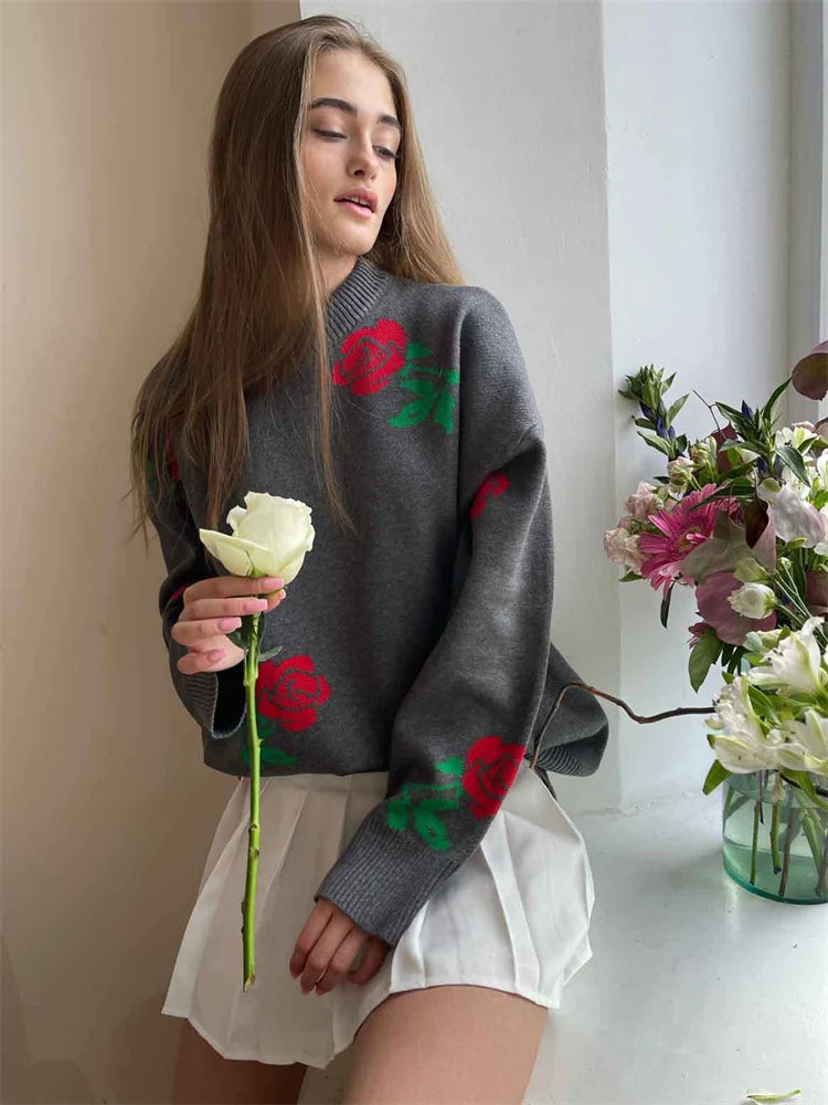 Autumn Knit Sweater Pullover ’s Printed Long Sleeve High Waist Ribbed Loose Knitwear Top Female Sweater