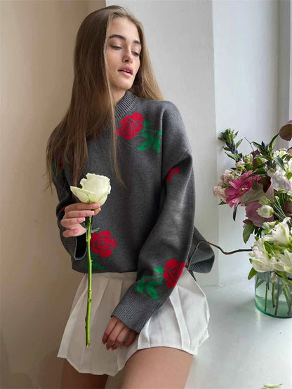 Autumn Knit Sweater Pullover ’s Printed Long Sleeve High Waist Ribbed Loose Knitwear Top Female Sweater