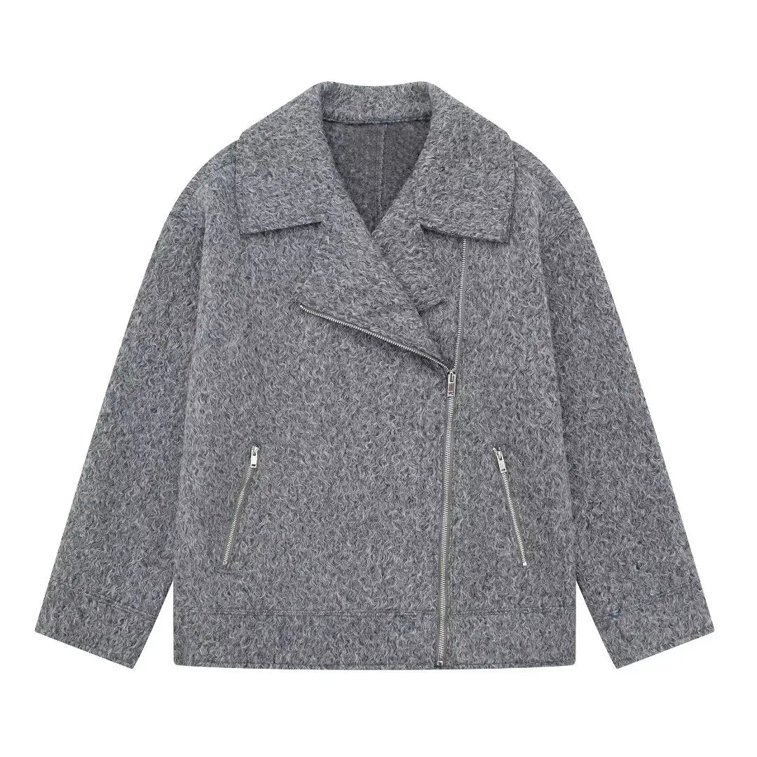 Gray Simple Woolen Jacket Woman Autumn Winter Turn Down Collar Long Sleeve Jackets Coat Female New Outerwear