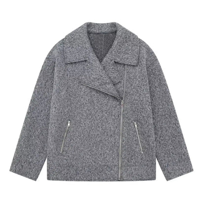 Gray Simple Woolen Jacket Woman Autumn Winter Turn Down Collar Long Sleeve Jackets Coat Female New Outerwear
