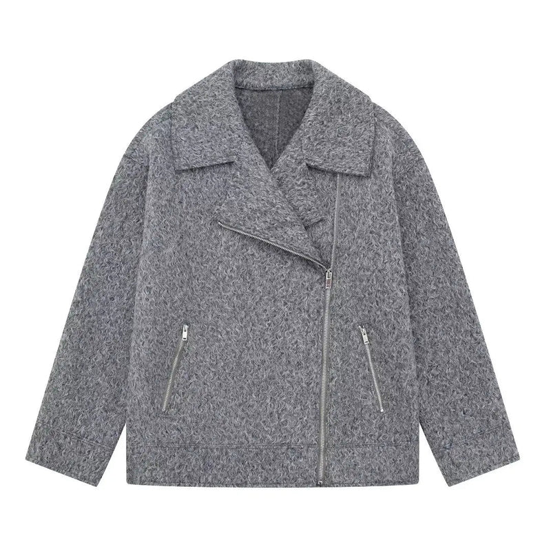 Gray Simple Woolen Jacket Woman Autumn Winter Turn Down Collar Long Sleeve Jackets Coat Female New Outerwear