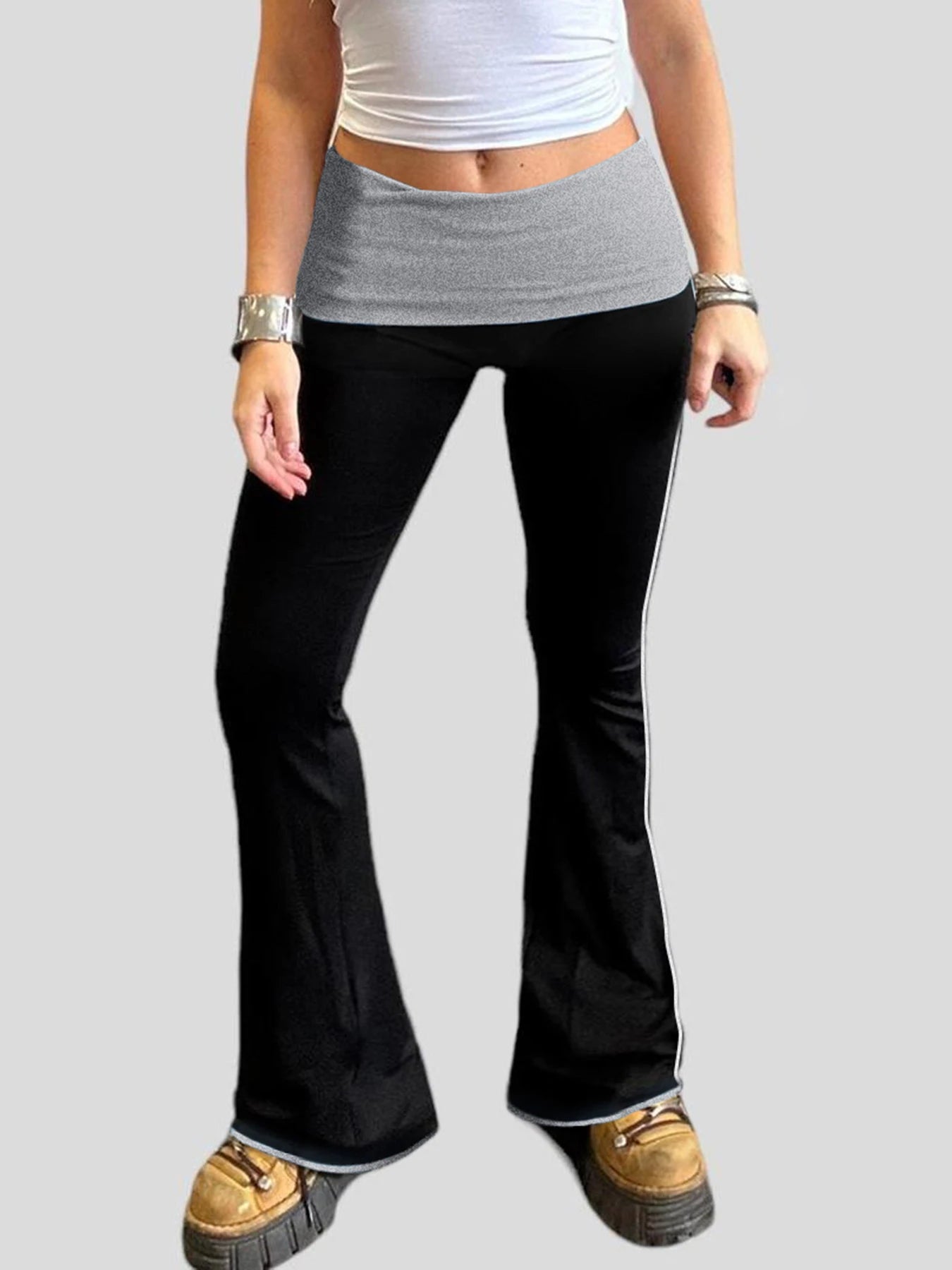 Contrast Binding Waist Slim Basic Flared Pants for American Retro Skinny Sports Jogging Sweatpants