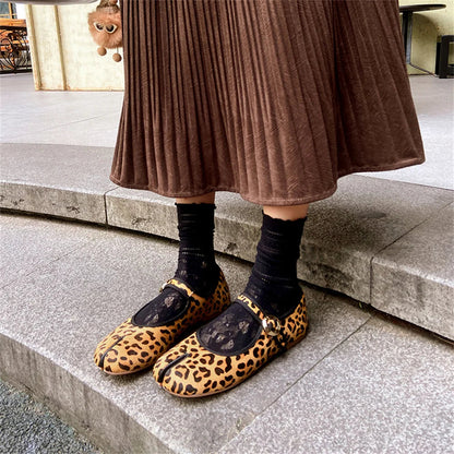 Mary Jane Genuine Leather Shoes Hand Stitch Ballet Flats Leopard Red Shoes Loafers
