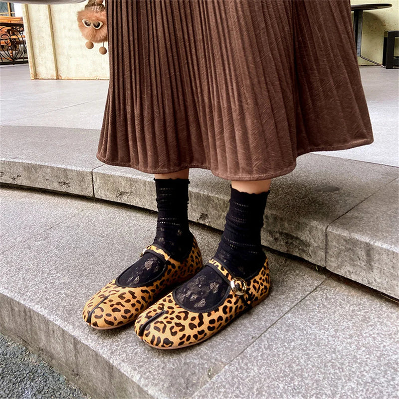 Mary Jane Genuine Leather Shoes Hand Stitch Ballet Flats Leopard Red Shoes Loafers