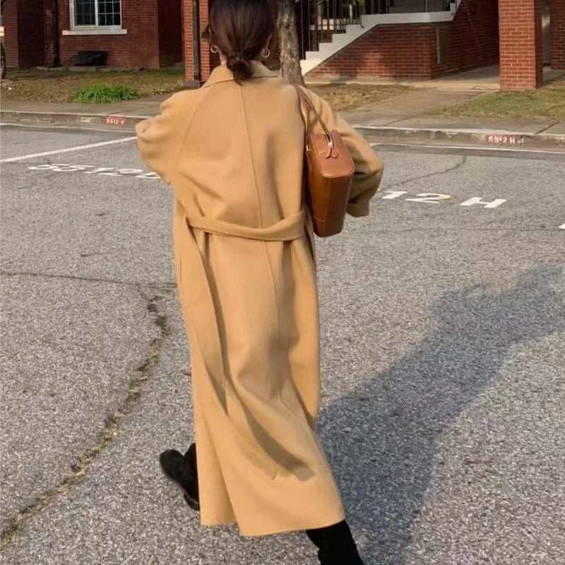 Long Woolen Coat With Belt Autumn Winter New Lapel Long Sleeve Outerwear Overcoat