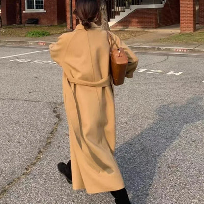 Long Woolen Coat With Belt Autumn Winter New Lapel Long Sleeve Outerwear Overcoat