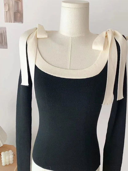 Tie Up Bow Decoration Slim Knitwear Autumn Winter Contrast Color Design Knitwear Female Uneck Sweater Style