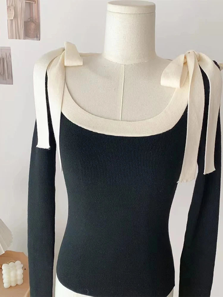Tie Up Bow Decoration Slim Knitwear Autumn Winter Contrast Color Design Knitwear Female Uneck Sweater Style
