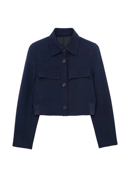 Spring Lapel Cropped Jacket Woman Long Sleeve Fake Pockets Coat Female Single Breasted Jackets