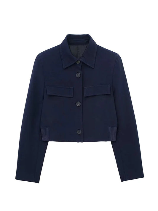 Spring Lapel Cropped Jacket Woman Long Sleeve Fake Pockets Coat Female Single Breasted Jackets