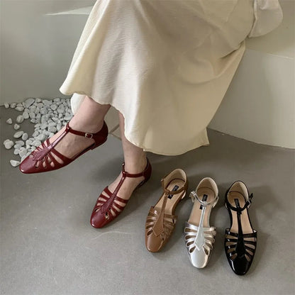 Tstrap Rome Flat Sandals Hollow Out Summer Mary Janes Shoes Pu Leather Holiday Gladiator Sandals