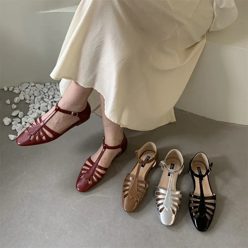 Tstrap Rome Flat Sandals Hollow Out Summer Mary Janes Shoes Pu Leather Holiday Gladiator Sandals