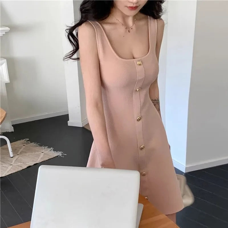 Knitted Aline Dresses Buttons Sleeveless Spring Summer Mini Dress Korean Sweet Vestidos Mujer