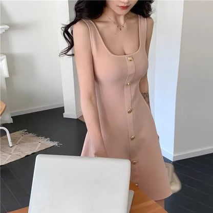 Knitted Aline Dresses Buttons Sleeveless Spring Summer Mini Dress Korean Sweet Vestidos Mujer