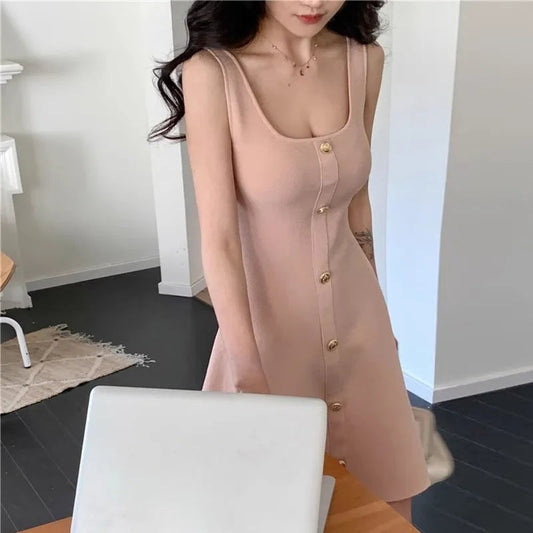 Knitted Aline Dresses Buttons Sleeveless Spring Summer Mini Dress Korean Sweet Vestidos Mujer