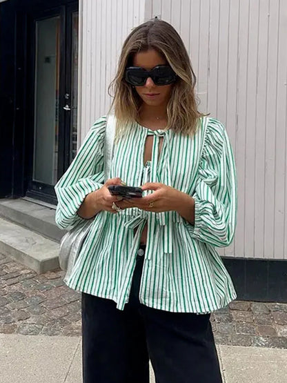 Summer Causal Round Neck Laceup Blouses Puff Long Sleeves Loose Shirt Y2k Female Stripe Tops