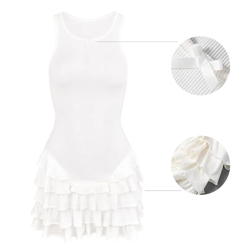 Frill Tank Dress for See-through Sleeveless Slim Vest Mini Dress Ribbed Ruffled Bodycon Dresses Summer