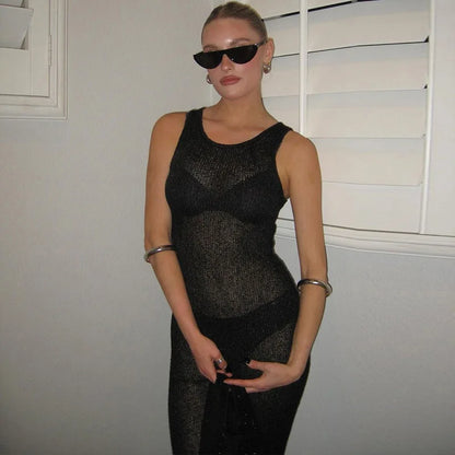 See Through Sequins Maxi Dress for Beach Holiday Dress Sleeveless High Waist Bodycon Hot Girl Outfits