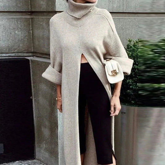 Stylish New Knitting Tops Commuter Turtleneck Sweater Coats Female Warm Long Sleeve Split Jumper Pullover Knit
