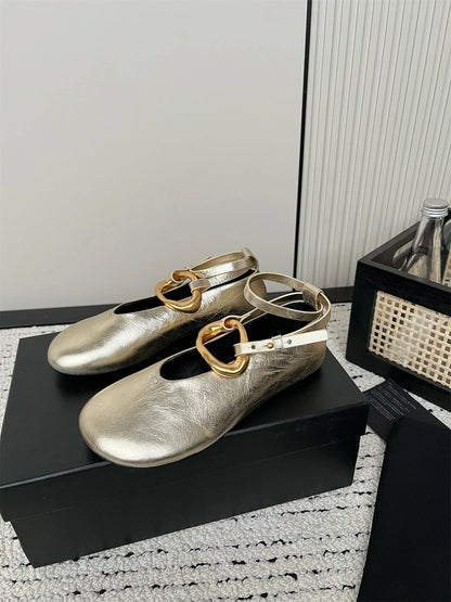 Sandals Mary Jane Flats Dupe Silver Black Gold Big Size Ankle Strap Round Toe Ballerinas Shoes