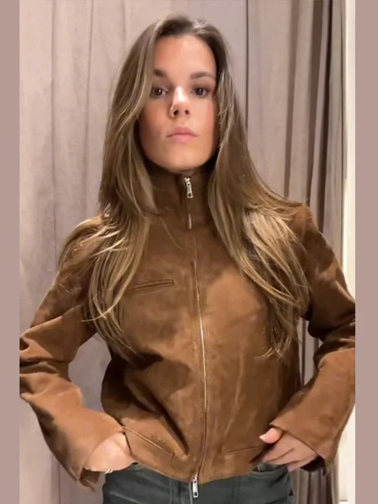 Stand Collar Suede Leather Jacket Coat Zipper Retro Long Sleeved Biker Jackets Loose Front Shoulder Short Outwear