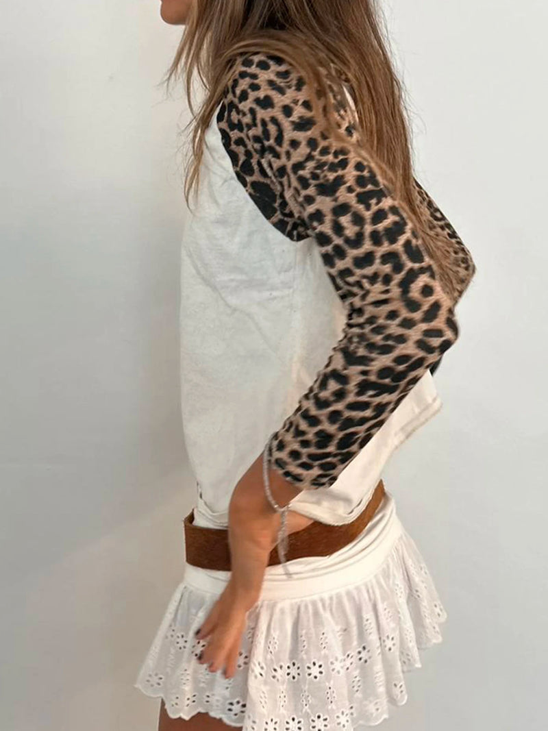 Leopard Patchwork ��s Long Sleeve T-shirts O-neck Start Leopard Prints Top Tees Autumn New ��s Clothes