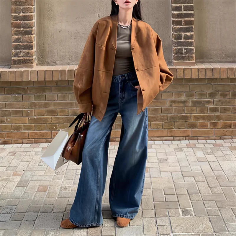 Washing Blue Street Wide-leg Jeans Cool Girl Baggy Pants Bottoms Female High Waist Straight Trousers