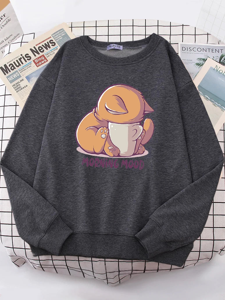Cat Is Looking at the Cup Sweatshirt Female Fleece Hoody Crewneck Hoodies Pullover Oversize Sportswear
