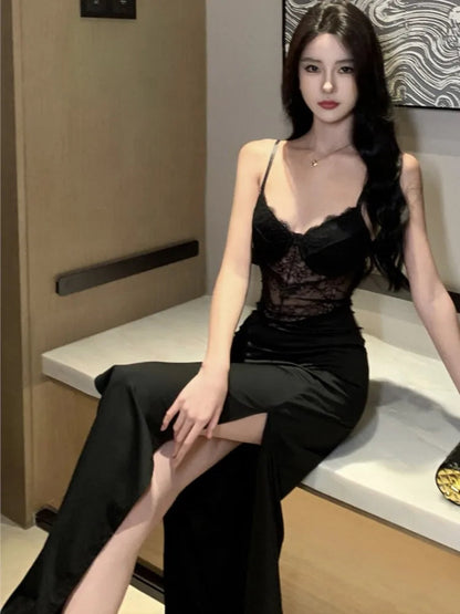 Black Lace Long Dresses for Summer New Hollow Out High Split Bodycon Camisole Evening Party Dress Prom Robe Vestido